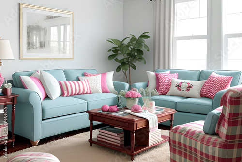 Preppy style modern living room with cozy sofa  artwork and big window