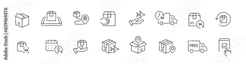 Set of random delivery icons. Tracking, bar code scanning, return and free shipping. Pixel perfect, editable stroke icon