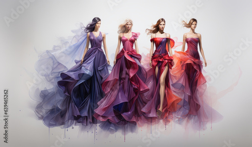 Fashion sketch of many different dresses for fashion design, in the style of oil paint