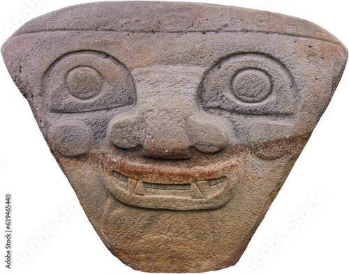Ancient religious monument and megalithic pre-columbian sculpture in San Agustín Archaeological Park, Colombia, stone statues UNESCO WORLD HERITAGE. Head, transparent background. photo