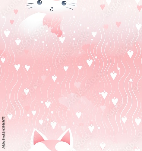Seamless Pattern Featuring Charming Childlike Drawings of White and Pink Cats. Designed to be used for Printing, Wallpaper, Fabric, and Background Purposes, Adding a Playful and Cute Element.