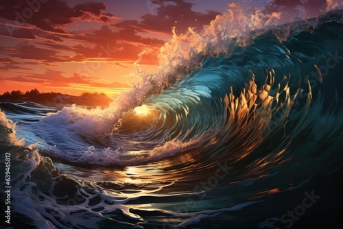 Sunset's Embrace: Colorful Ocean Wave Collapse - Suitable for wall art, nature galleries, and marine-themed decor