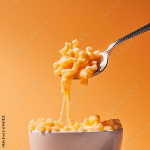 Food concept. A spoon of Macaroni Mac and Cheese baked cheesy with melting dripping cheese American classic staple, top view, close up photo