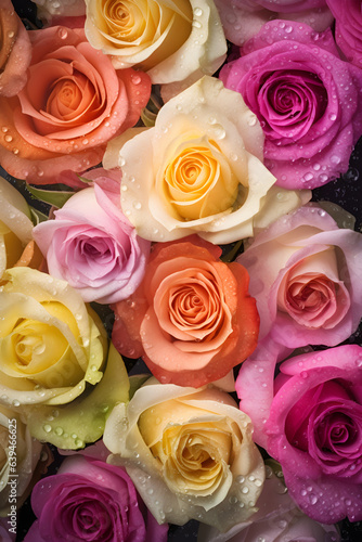 Creative fruits vegetable concept. Fresh colourful roses glistering with water droplet. flat lay top view  