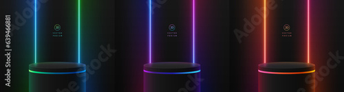 Set of 3D black cylinder podium with red, green, blue glowing vertical neon lighting background. Abstract mockup product display presentation. Minimal scene. Stage showcase. Platforms vector geometric