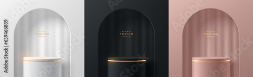Set of 3D cylinder podium background. Black, silver, pink gold  soft curtain in arch gate. Mockup product display presentation. Minimal wall scene. Stage showcase. Platforms vector geometric design.