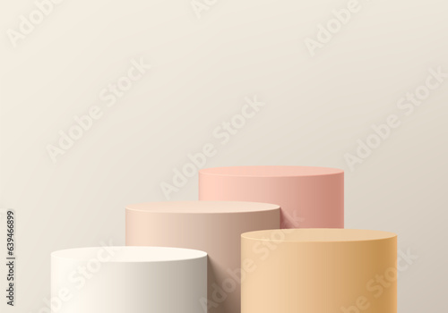 Set of abstract 3D pastel pink and cream cylinder pedestal podium background. Cosmetic mockup product display presentation. Minimal wall scene. Round stage showcase. Platforms vector geometric design.