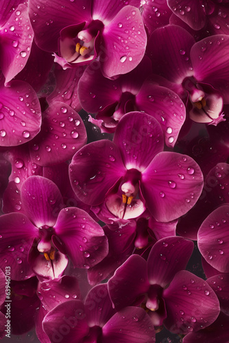 Creative fruits vegetable concept. Fresh orchids glistering with water droplet. flat lay top view  