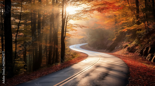 Autumn's Golden Path: Mountain Road in Sunlight