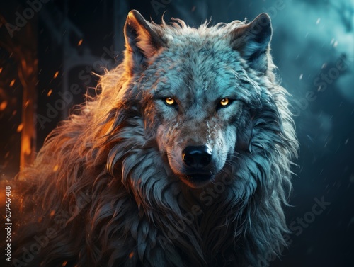 a wolf with a glowing face in the dark with a fire and ice background and a black background