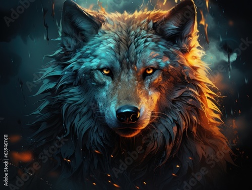 a wolf with a glowing face in the dark with a fire and ice background and a black background © Dushan