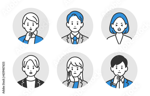 ネガティブなビジネスパーソン男女の顔アイコンセット【人物ベクターイラスト素材】