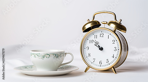 Alarm clock closeup have a good day with a cup of coffee and flower pots background