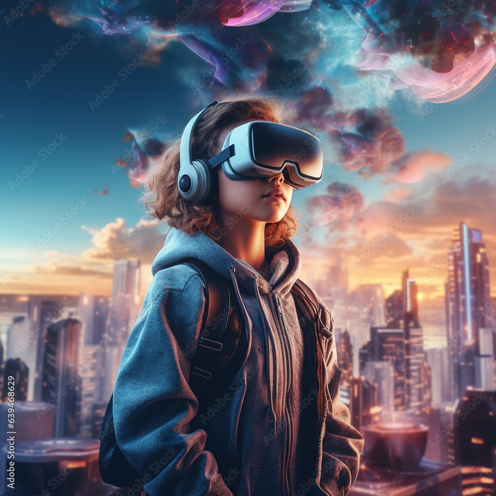 Illustration of a person wearing a virtual reality VR headset, AI Generated. Illustration of a person wearing a virtual reality VR headset, AI Generated.
