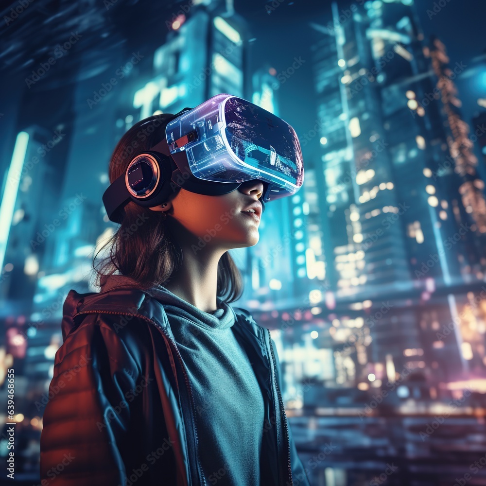 Illustration of a person wearing a virtual reality VR headset, AI Generated. Illustration of a person wearing a virtual reality VR headset, AI Generated.