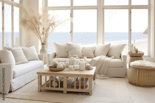 Stylish living room with a white sofa  pillows and a table