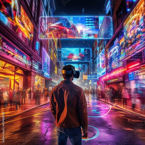 Illustration of a person wearing a virtual reality VR headset, AI Generated.