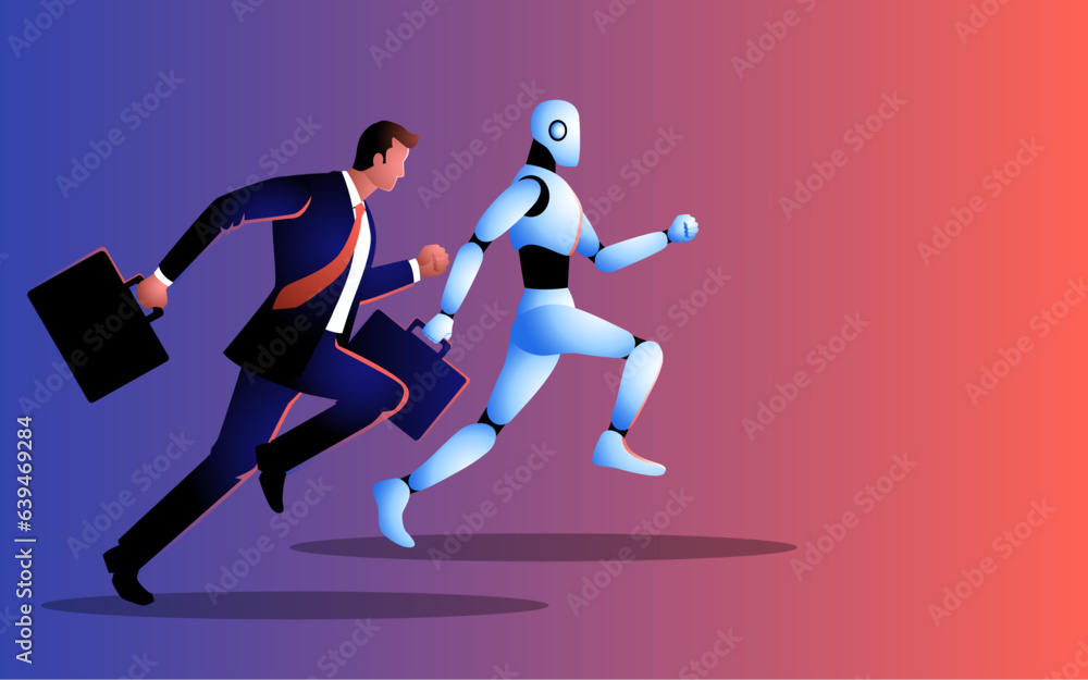 Illustration of a businessman racing against a robot, depiction of human ingenuity challenging technological advancement. Innovation, competition, and the quest for excellence in modern business