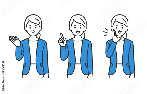 案内･指差し･呼びかけのポーズをするビジネスパーソン女性のセット【人物ベクターイラスト素材】