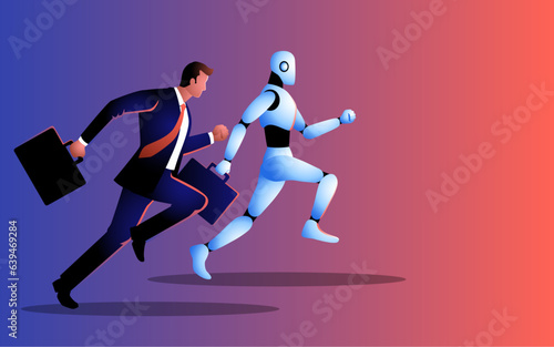 Illustration of a businessman racing against a robot, depiction of human ingenuity challenging technological advancement. Innovation, competition, and the quest for excellence in modern business