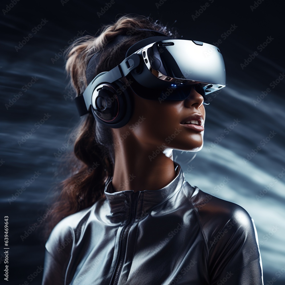 Illustration of a person wearing a virtual reality VR headset, AI-Generated. Illustration of a person wearing a virtual reality VR headset, AI-Generated.