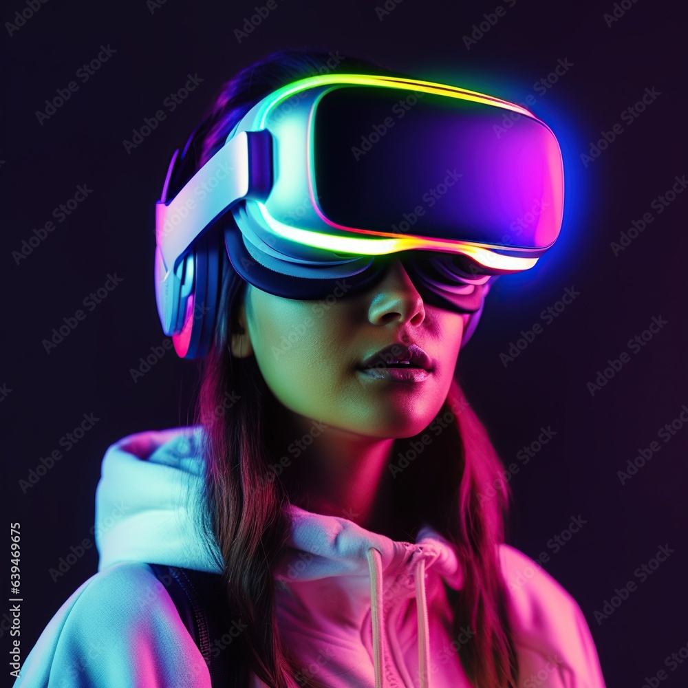 Illustration of a person wearing a virtual reality VR headset, AI-Generated. Illustration of a person wearing a virtual reality VR headset, AI-Generated.