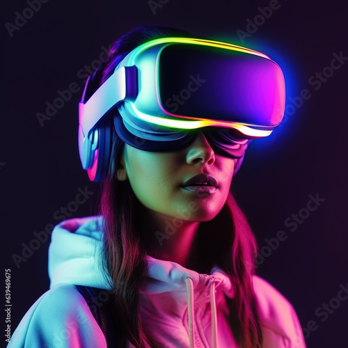 Illustration of a person wearing a virtual reality VR headset, AI-Generated. © kanate
