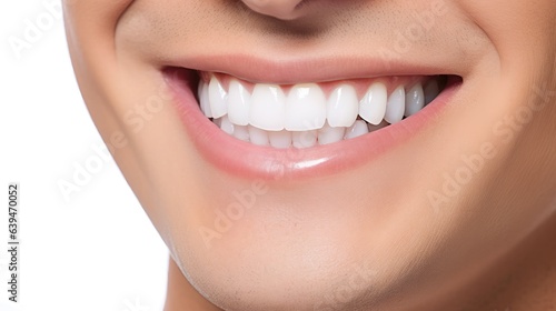 Cute smile with very clean perfect teeth, chin, nose, and mouth are all clearly visible. For dental service advertisement.