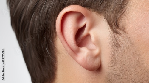 Very clean perfect ear is clearly visible, for doctor clinic advertisement. Side view, close up photo.