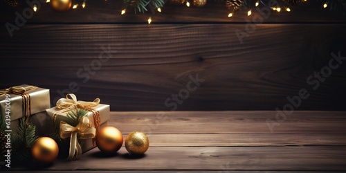 Christmas_background_with_decorations and gift boxes generative ai