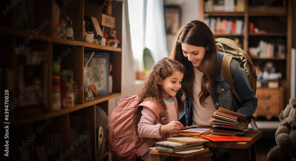 adorable young mother and her daughter, Sharing a moment as they thoughtfully pack a backpack for school adorable young mother and her daughter, Sharing a moment as they thoughtfully pack a backpack for school