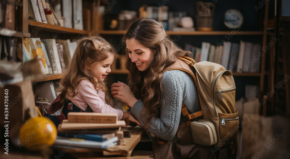 adorable young mother and her daughter, Sharing a moment as they thoughtfully pack a backpack for school