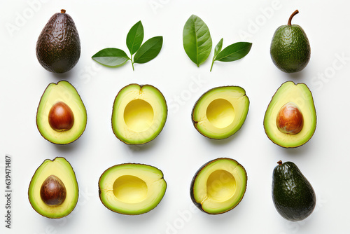 Top view of Avocado with cut in half and green leaves isolated on white background. (ai generated)