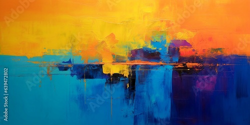 Abstract oil painting on canvas with blue  orange and yellow colors background. Created with generative AI technology.