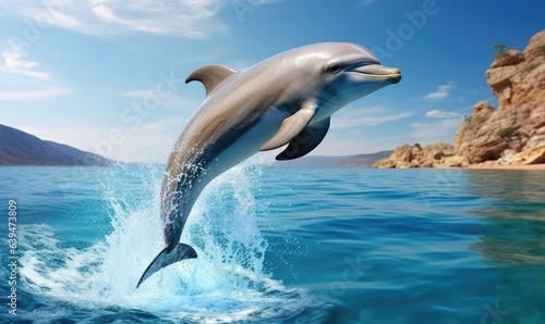 With a graceful leap  the dolphin soared through the air before plunging into the crystal-clear water.