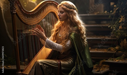 With a celestial aura, the female elf delicately plays the harp, captivating all who listen with her ethereal music.