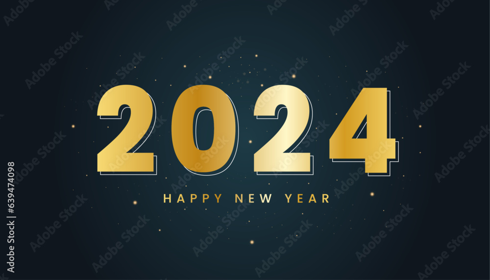 Happy new year 2024 with shiny gold numbers. Shiny gold 2024 new year greetings on black background.