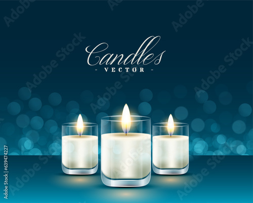realistic tea light candle with glass holder on bokeh background