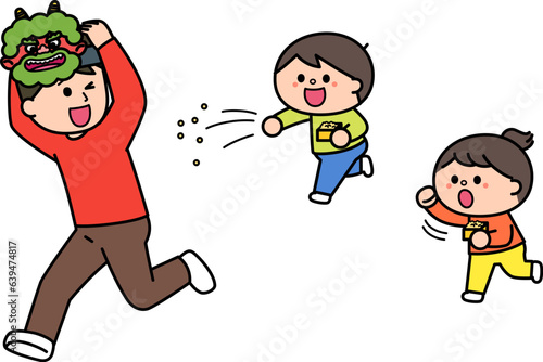 節分　豆まきをする子どもたちと逃げる鬼役のお父さん.