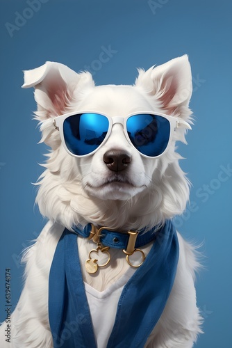 White cute Dog wearing trendy sunglasses,with blue background AI Generated images © Peer