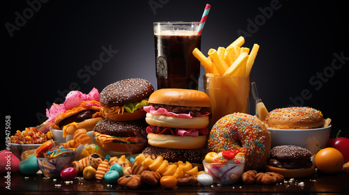 Junk food concept. Unhealthy food background. Fast food and sugar. Generative Ai