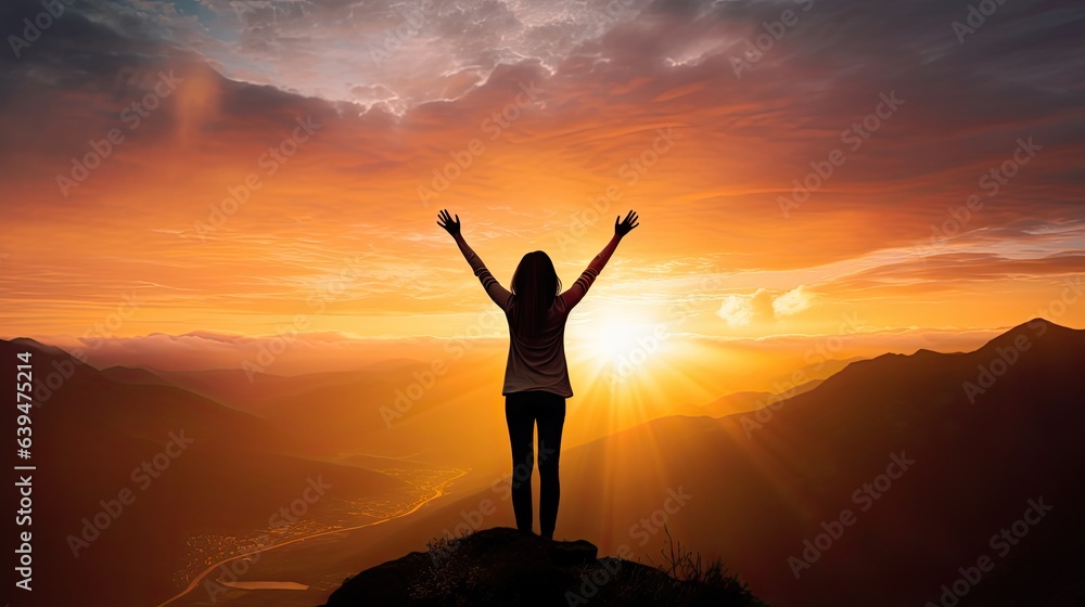 Fototapeta premium Silhouette of woman stand and feel happy on the most hight at the mountain on sunset, success, leader, teamwork, target, Aim, confident, achievement, goal, on plan, finish, generate by AI.