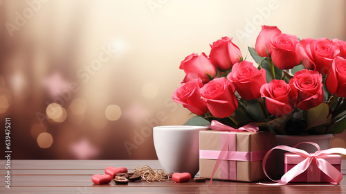 Valentine's day banner with coffee cup, heart shape chocolate, rose flowers and gift boxes on wooden background. Generative Ai