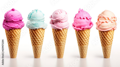 Various varieties of ice cream in cones isolated on white background. Generative Ai