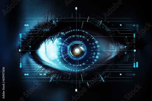 Futuristic of Iris Recognition and Retina Scanning System With Digital Interface, Biometric Identification and Data Security Verification. Generative Ai photo