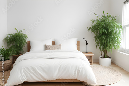 White pillows on wooden bed in minimal bedroom interior with plants and round rug.
