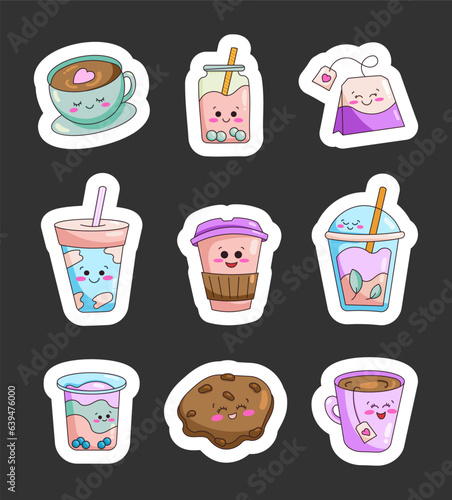 Tea items cartoon. Sticker Bookmark. Cute kawaii characters cup, bottle, tea bag, paper, plastic cup, mug, cookie. Vector drawing. Collection of design elements.