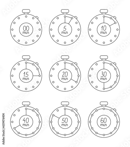 Timer time countdown. Coloring Page. Stopwatch watch device. Vector drawing. Collection of design elements.
