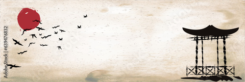 Asian banner illustration. Japanese background with asian bird. layout design in oriental style.