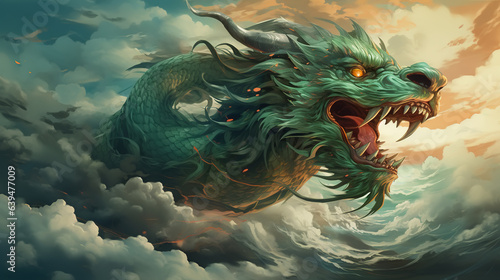 Angry green dragon with open mouth in sky, flying aggressive mythical animal reptile © Sergio